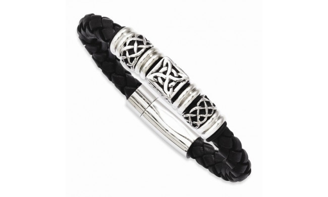 Chisel Stainless Steel Black Leather With Antiqued Beads 8.5in Bracelet