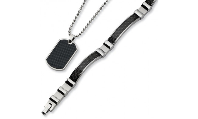 Chisel Stainless Steel Black Carbon Fiber Necklace And Bracelet Set