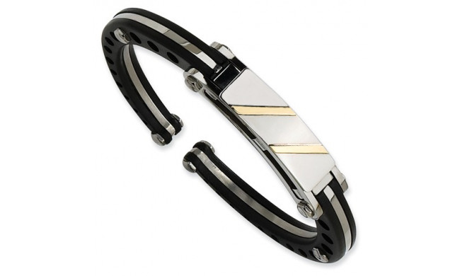 Chisel Stainless Steel Black PVC & 14k Yellow Inlay Hinged Bangle