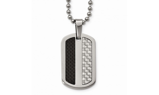 Chisel Stainless Steel Polished Black/Gray Carbon Fiber Dogtag Necklace