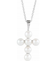 14K White Freshwater Cultured Pearl Cross 16-18 Necklace - R42366605P