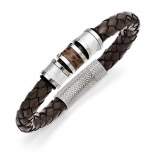 Chisel Stainless Steel Polished Brown Leather Black Rubber Bracelet