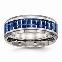 Chisel Titanium Polished Blue And White Carbon Fiber Inlay Men's Ring