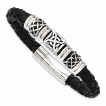 Chisel Stainless Steel Black Leather With Antiqued Beads 8.5in Bracelet
