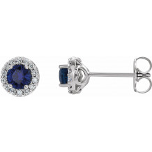 14K White 4 mm Round Blue Sapphire & 1/8 Diamond Earrings - 86839612P