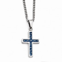 Chisel Stainless Steel Blue Carbon Fiber Inlay Polished Small Cross Necklace