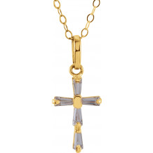 14K Yellow 3x1.5 mm Tapered Baguette Cubic Zirconia Youth Cross 15 Necklace - 196153051910P