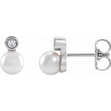 14K White Akoya Cultured Pearl & .06 CTW Diamond Bezel-Set Earrings - 87317155P