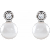 14K White Akoya Cultured Pearl & 1/8 CTW Diamond Bezel-Set Earrings - 87317101P photo 2